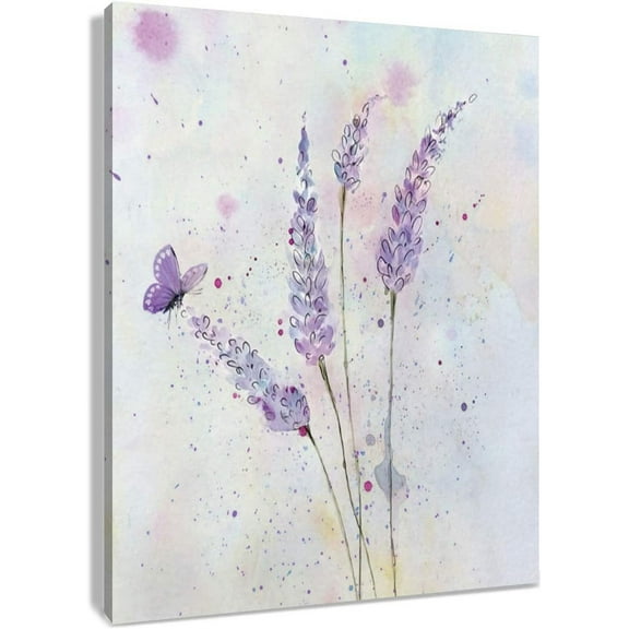 VELVET Lavender Canvas Wall Art Butterfly with Purple Flower Artwork Elegant Paintings for Living Room Bedroom Bathroom Wall Decor,Stretched and Ready to Hang,ches 12x18inch Framed