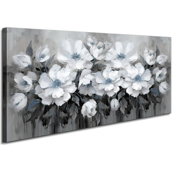 VELVET Livg Room Wall Art - Gray and White and Blue Flower Canvas Wall Art, 24x20inch Framed