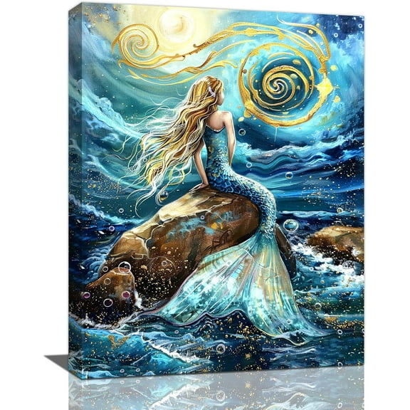 VELVET Mermaid Decor Wall Art Ocean Nautical Coastal Pictures Wall Decor Golden Vortex Sun Canvas Print Painting Artwork for Bathroom Living Room Bedroom 12x16inch Framed
