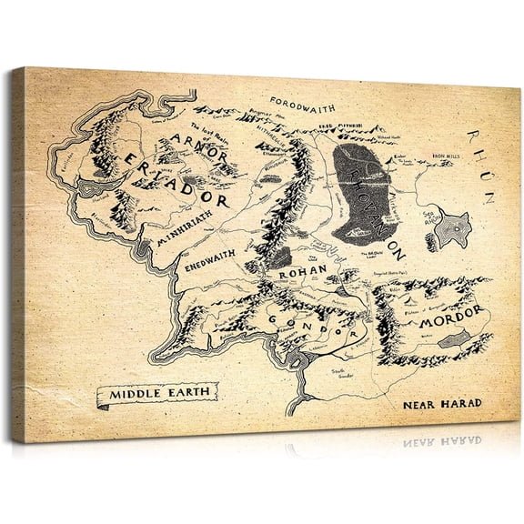 VELVET Middle Earth Map Wall Art Canvas Prt - Fantasy Map of Middle Earth - with ner Wooden - Lightweight & Easy to Hang - Perfect for Bedroom, Game Room Decor 16x12inch Framed