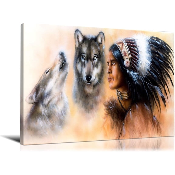 VELVET Modern Americandian Canvas Wall Art with Two Wolves Posters Vintage Ancient Native Chief Animals Painting Artwork Easy to Hang for Home Decor 10x8inch Framed
