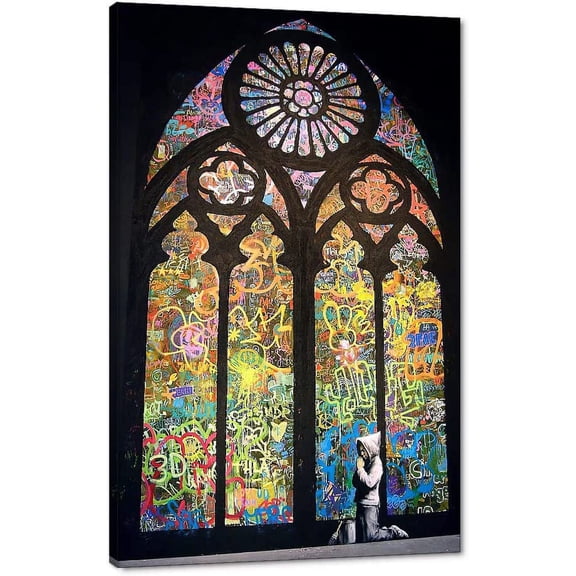 VELVET Modern Graffiti Prints Wall Art Stained Glass Church Pictures On Canvas Praying Boy Kid Cathedral Prints for Home Modern Decoration Stretched and Easy to Hang 16x20inch Framed
