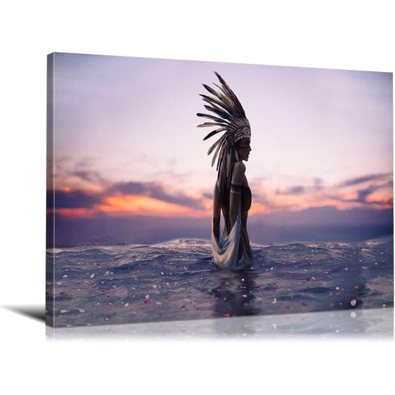 VELVET Moderndian Wall Decor Beauty Native Americandian with Sea Canvas Wall Artdian Art Posters Ready to Hang for Living Room Decor 24x16inch Framed