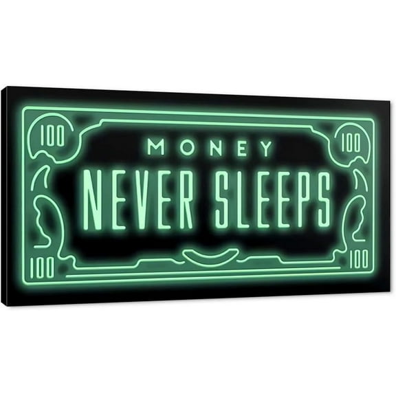 VELVET Money Never Sleeps spirational Office Wall Art Large 100 Dollar Artwork Wall Pictures Ready to Hang- 10x8inch Framed