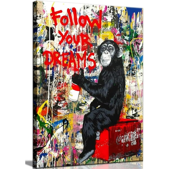 VELVET Monkey Street Graffiti Canvas Print Wall Art,-Follow Your Dreams Animal Canvas Art for Living Room Office Wall Decor Home Decoration Ready to Hang,bedroom decor for men 12x18inch Framed