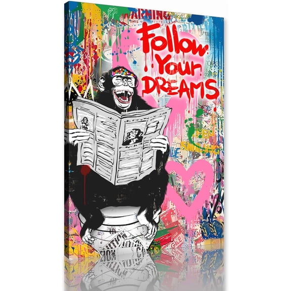 VELVET Monkey on Toilet Canvas Print Wall Art Follow Your Dreams Funny Wall Decor Animal Graffiti Poster Artwork for Living Room Bedroom Bathroom Decoration Ready to Hang 11x14inch Framed