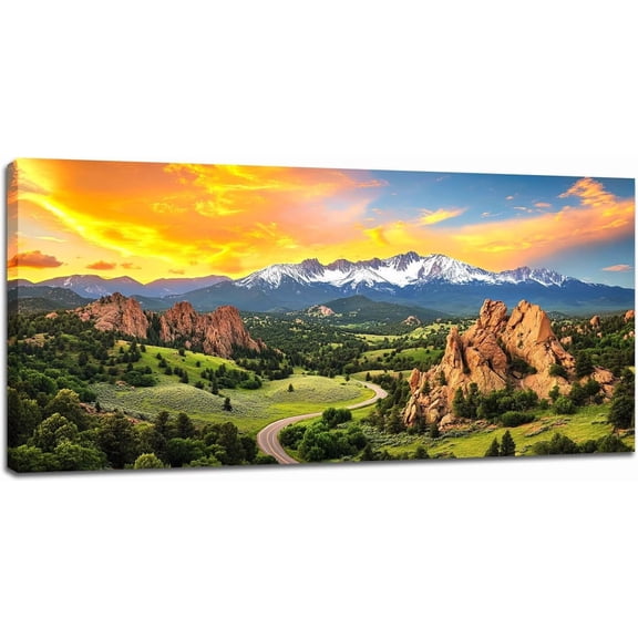 VELVET Mountain Large Wall Art Mountain Road Sunset Pictures Wall Decor Nature Mountains Landscape Canvas Print Painting Modern Artwork for Living Room Bedroom Office 18x12inch Framed
