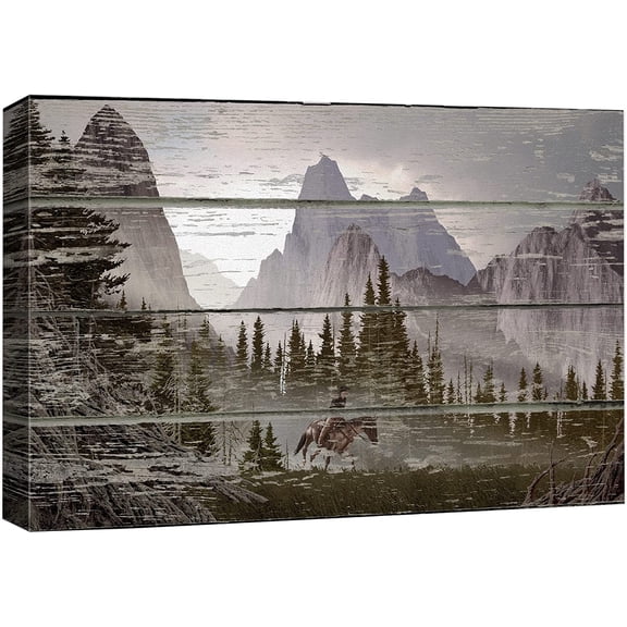 VELVET Mountain Scene on a Wooden Background Canvas Art Wall Art 16x12inch Framed
