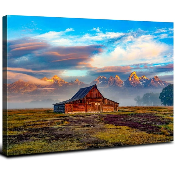 VELVET Nature Mountain Landscape Canvas Wall Art Grand Teton National Park Wall Decor, Sunset Mormon Farmhouse Barn Scenery Picture Painting Artwork for Living Room Bedroom Kitchen 16x12inch Framed