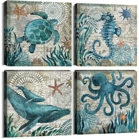 VELVET Nautical Wall Decor Beach Themed Seahorse Wall Art Coastal Decor Teal Sea Turtle Pictures Canvas Paintings for Living Room Decorations Ocean Poster Large Artwork 4 Pcs/Set 16x12inch Framed