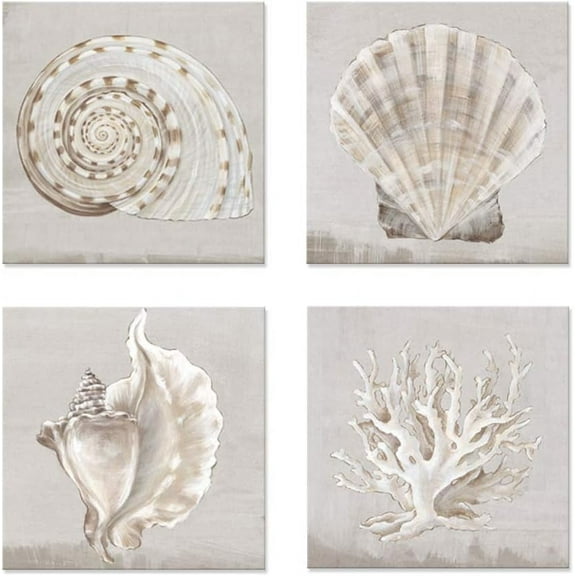 VELVET Neutral Shells Eva Watts by PI Creative Art Modern seashells Canvas Wall Art Vintage Pictures Giclee Print on Canvas Stretched for Living Room Bedroomx4pcs 10x8inch Unframed