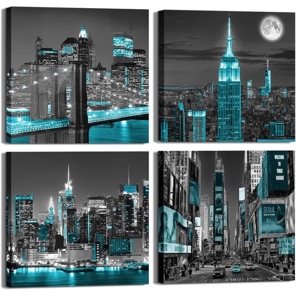 VELVET New York City Canvas Wall Art Prt black and white Brooklyn Bridge Pictures Blue Empire Buildg Wall Art Night View Modern Art Micro Spray Art Bedroom Office Livg room Home Wall 10x8inch Framed