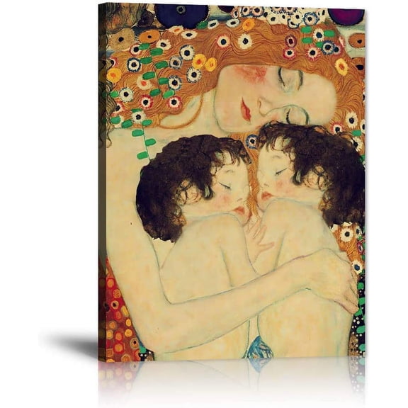 VELVET Nordic Style Canvas Poster Living Room Gustav Klimt Mother Love Twin Baby Painting Artwork Wall Art Decor Kids Room Modern Home Decor Pictures Stretched and 11x14inch Framed