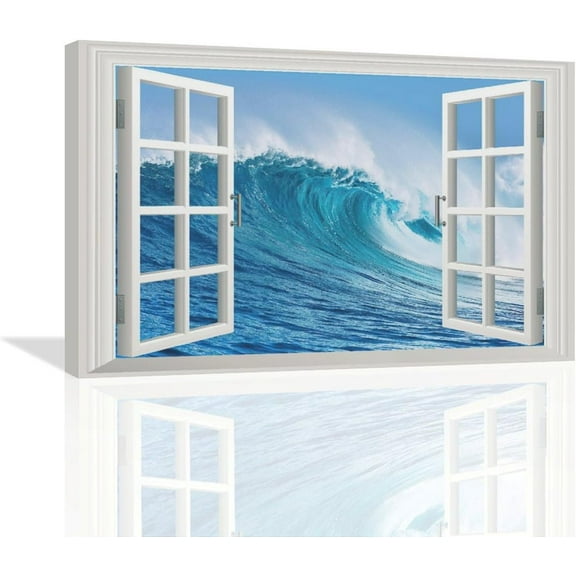 VELVET Ocean Beach Bathroom Wall Art Coastal Beach Pictures Wall Decor 3D Window Art Blue Sea Canvas Painting Print Tropical Nature Landscape Home Modern Decor Artworks for 10x8inch Unframed