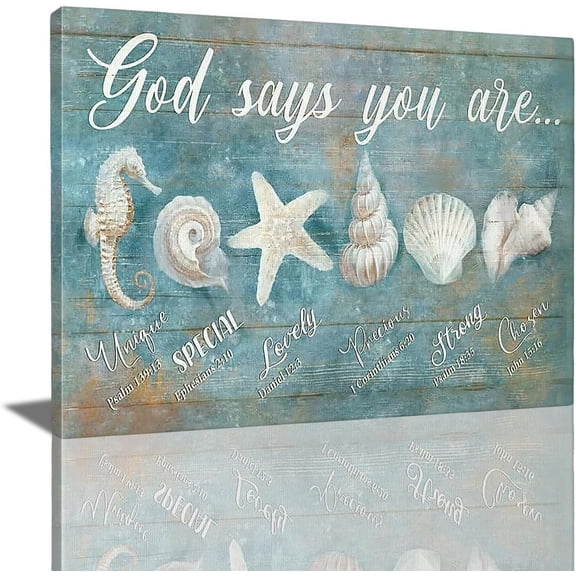 VELVET Ocean Beach Nautical Seashell Starfish Wall Art God Says You Are Wall Decor Rustic Shell Coastal Theme Pictures Canvas Prints Modern Artwork for Home Living Room Bathroom 14x11inch Framed