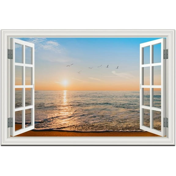 VELVET Ocean Wall Art Pictures Decor for Living Room Beach Birds Theme Prints on Canvas for White Fake Window Style Sunset Painting Seascape Extra Large Blue Coastal Landscape for 14x11inch Framed