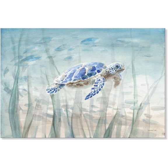 VELVET Ocean Wall Decor Blue Turtle Canvas Art Sea Grass Pictures Coastal Print Painting Nautical Artwork For Home Office Ready to Hang 18x12inch Framed