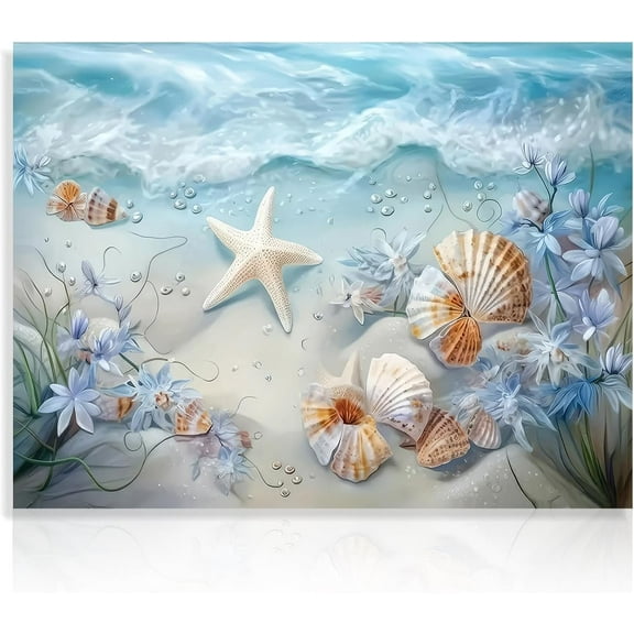 VELVET Ocean Waves Canvas Wall Art Sea Shells and Starfish Picture Coastal Beach Print Poster for Bathroom Bedroom Living Room 20x16inch Framed