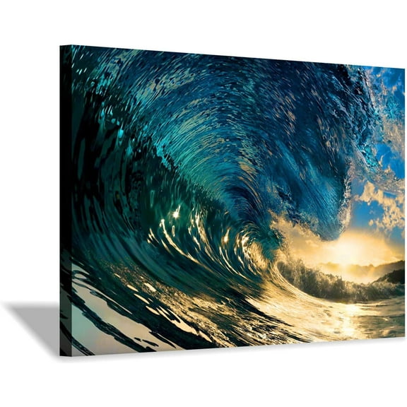 VELVET Ocean Waves Picture Art Print: Sea Wave Sunset Artwork Painting on Canvas Wall Art for Living Rooms Office 14x11inch Framed