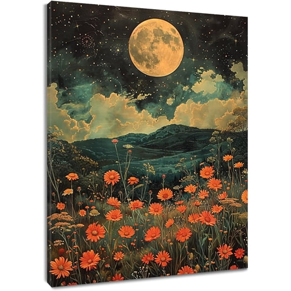 VELVET Orange Wildflower Wall Art for Bathroom Moon Mountain Forest Nature Landscape Canvas Wall Art Green Botanical Flower Pictures Wall Decor for Bedroom Living Room Home, 11x14inch Framed