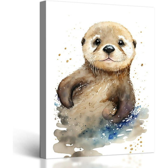 VELVET Otter Canvas Wall Art Watercolor Animal Pictures Cute Otter Wall Decor Painting Splash-ink Poster Print for Bedroom Living Room Kitchen Bathroom Nursery Office Decoration 12x18inch Framed