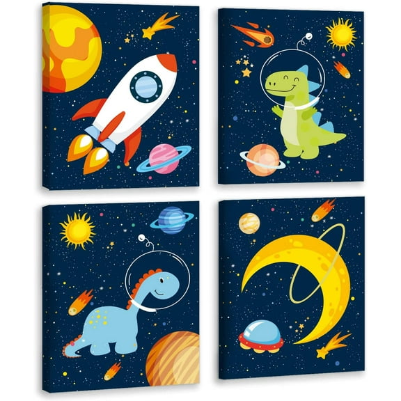 VELVET Outer Space Dinosaur Room Decor,Solar System Stars Wall Canvas Poster,Set Of 4 (,) Planet Astronaut Art Print,Rocket Decor for Boys Room Toddler Kids Room Classroom Space Decor 10x8inch Framed