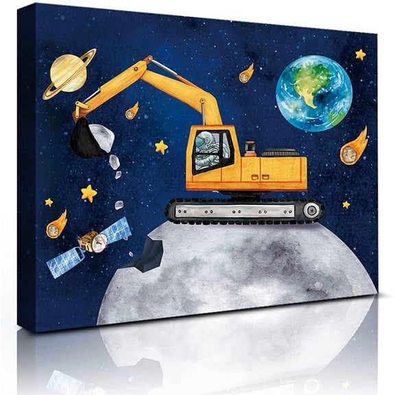 VELVET Outer Space Room Wall Art, Space Theme Posters Astronaut Construction Canvas Prts Planet Stars Trucks Universe Art Prt For Kids Boys room Playroom Decor-Ready To Hang 10x8inch Unframed