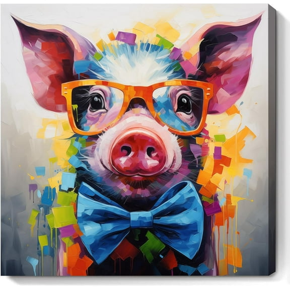 VELVET Pig With Glasses Canvas Wall Art Farm Animal Prints Cute Pig Pictures Colorful Animals Painting Funny Pig Poster Animals With Glasses Pictures Abstract Canvas Pig Artwork Wall 18x12inch Framed