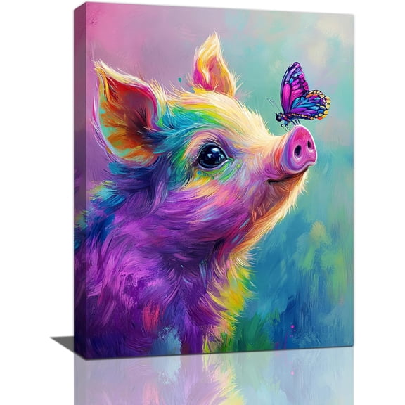 VELVET Pig Wall Decor Butterfly Pigs Pictures Colorful Pig Canvas Wall Art Painting Home Modern Artwork Decorations for Living Room Bedroom Bathroom Office 20x24inch Framed