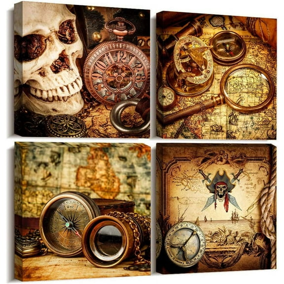 VELVET Pirate ship compass Restoring ancient ways Wall Art for living room Canvas Prints Artwork Wall Decor Watercolor painting 4 Piece bedroom wall decorations Office Home Decoration 8x10inch Framed