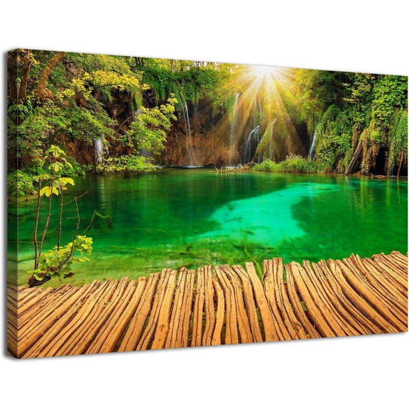 VELVET Plitvice Lakes National Park Wall Art Plitvice Waterfall Landscape Wall Decor Nature Forest Photography Canvas Prints Pictures Sunrise Green Lakes for Living Room Decoration 14x11inch Framed