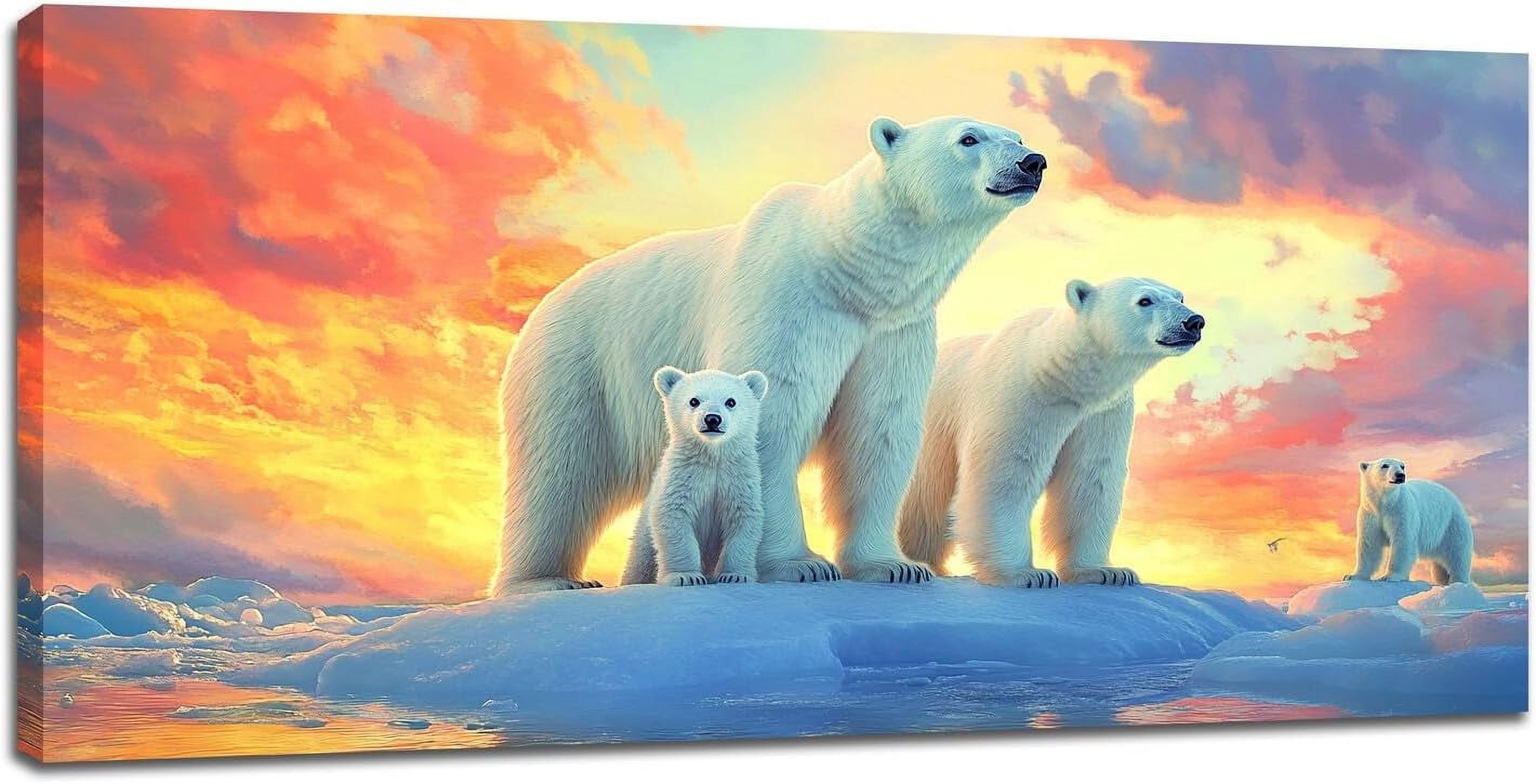 VELVET Polar Bear Large Wall Art White Polar Bear Family Sunset Iceberg