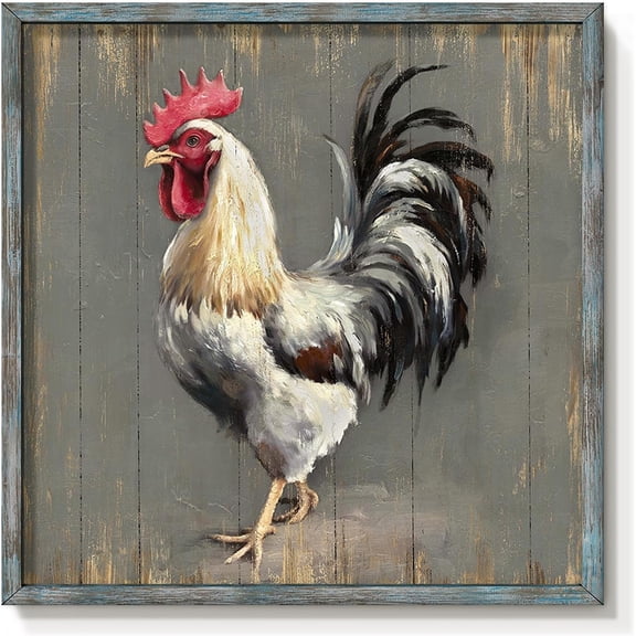 VELVET Rooster Wooden Wall Art Decor: Farm Cock Picture Country Animal Artwork Rustic Farmhouse Chicken Painting for the Kitchen Bedroom 10x8inch Framed