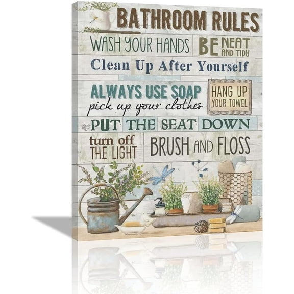 VELVET Rustic Bathroom Rules Canvas Prints Farmhouse Wall Art, Bathroom Pictures Laundry Room Decorations 20x24inch Framed