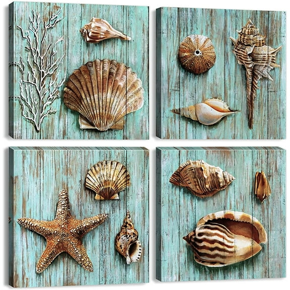 VELVET Rustic Beach Wall Decor Coastal Seashell Wall Art Farmhouse Teal Blue Ocean Conch Shell Canvas Prints Nautical Beachy Starfish Pictures for Living Room Decorations 4 Pcs 14x11inch Framed