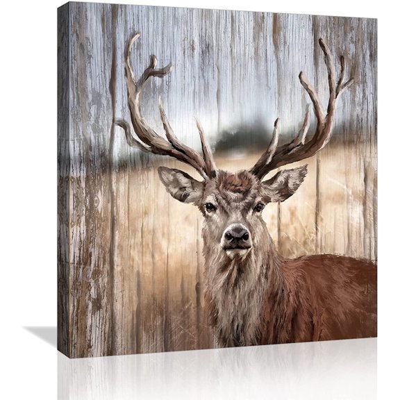 VELVET Rustic Elk Wall Decor Canvas Wall Art Animal Theme Artwork for Bathroom Modern Deer Pictures Farmhouse Wall Decor for Kitchen Country Wood Grain Prints Home Wall Decoration 11x14inch Framed