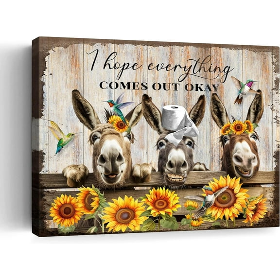 VELVET Rustic Farmhouse Donkey Wall Art Country Sunflowers Animal Canvas Pictures Wall Decor Prints Modern Artwork Posters for Bedroom Kitchen Living Room Decoration Ready to Hang 18x12inch Framed