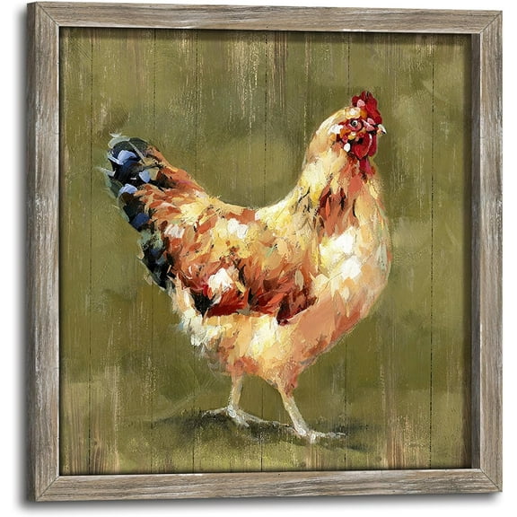 VELVET Rustic Farmhouse Wood Wall Art: Chicken Print Decor Farm Animal Picture Artwork Country Hen Painting Decorations for Kitchen Home Bathroom Bedroom 16x12inch Framed