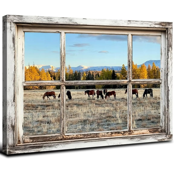 VELVET Rustic Window View Wall Art Canvas Farm Horses Poster Farmhouse Wilderness Animals Faux Windows Prints Nature Forest Hay Landscape Painting Living Room Kitchen Decorationin 14x11inch Framed