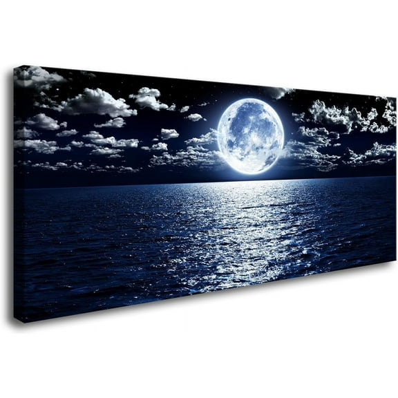 VELVET S06962 Wall Art Canvas Prts Moon Sea Ocean Landscape 1 Panels Full Moon Cloud Pictures Patgs Stretched and for Livg Room Bedroom Kicthen Office Artwork 24x16inch Framed