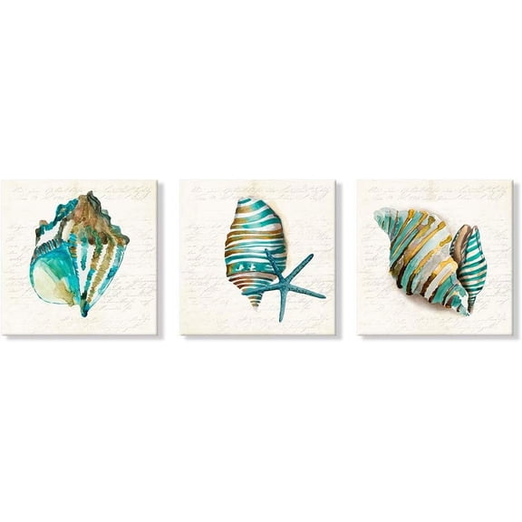 VELVET Sea Lift Picture Abstract Artwork Aquarelle Color Blue Shells Gold Foil Painting Print on Canvasx3 pcs 8x10inch Framed