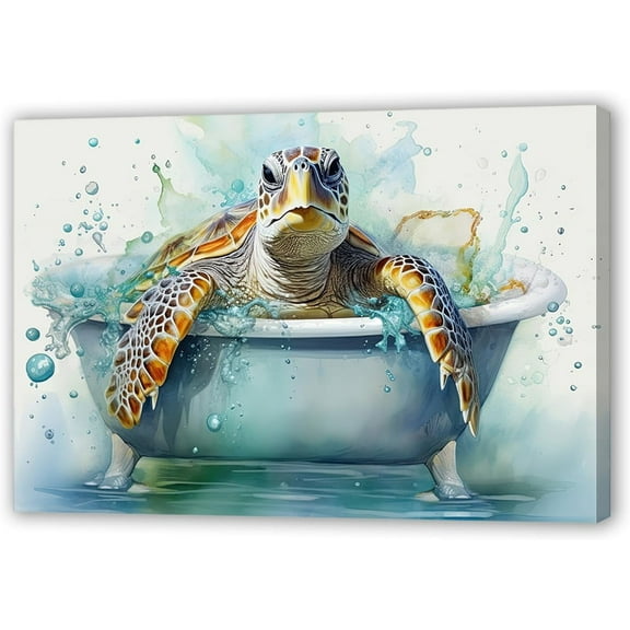 VELVET Sea Turtle Bathroom Wall Art Funny Sea Turtle Bathtub Canvas Painting Art Ocean Animal Watercolor Pictures Ready to Hang (Sea Turtle 2, ) 20x16inch Framed