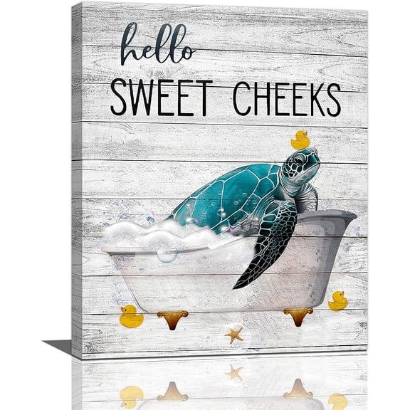 VELVET Sea Turtle Bathroom Wall Art Teal Pictures Decor Funny Bathtub Canvas Painting Print Artworks Coastal Beach Themed Ocean Animal Nautical, Turtles, 11x14inch Framed
