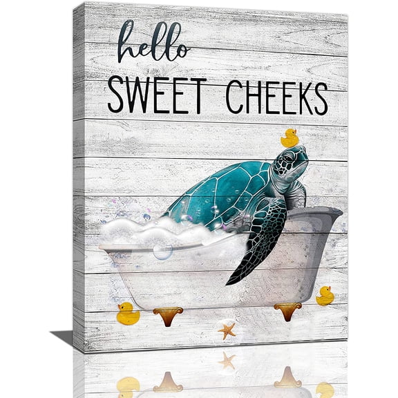 VELVET Sea Turtle Bathroom Wall Art Teal Turtle Pictures Wall Decor Funny Turtle Bathtub Canvas Painting Print Artworks Coastal Beach Themed Ocean Animal Nautical Bathroom Decor Bath 16x24inch Framed