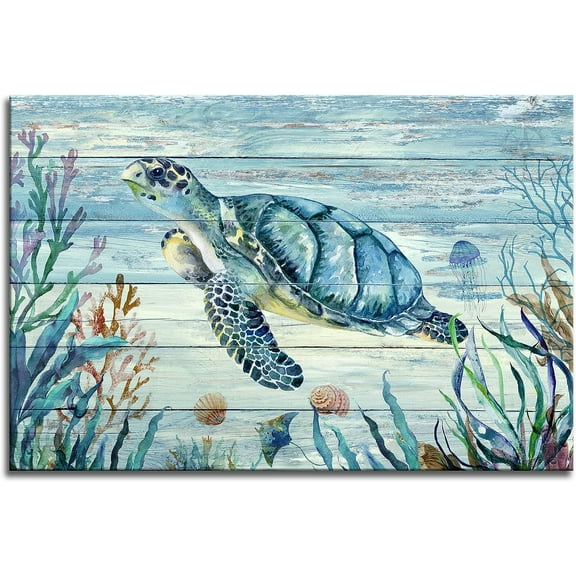 VELVET Sea Turtle Wall Art Bathroom Decor Beach Picture Canvas Posters Print Modern Artwork Cute Funny Animal For Living Room Kids Room Bedroom Wall Painting Home Decor, 24x16inch Framed