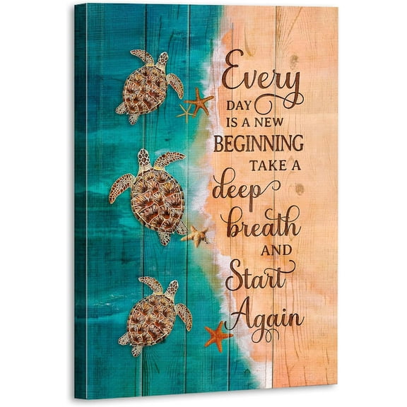 VELVET Sea Turtle Wall Art Teal Bathroom Decor Farmhouse Coastal Room Decorspirational Quotes Canvas Prints Poster for Everyday is a New Beginning Sign Painting Artwork Decoration 16x20inch Framed