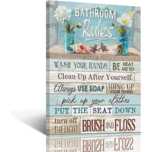 VELVET Sea Turtles Bath Decor Rustic Bathroom Rules Canvas Prints, Nautical Wall Art, Teal Picture Artwork 16x24inch Framed