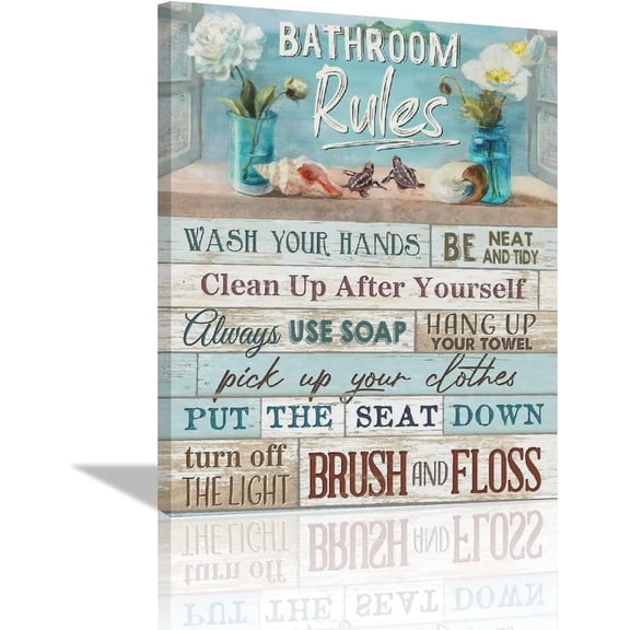 VELVET Sea Turtles Wall Art, Rustic Bathroom Rules Canvas Prints, Nautical Decor Signs, Teal Picture Artwork, Bath Laundry Home Decoration 16x20inch Framed