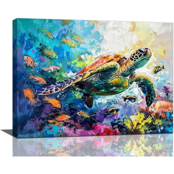 VELVET Sea turtle Decor Wall Art Abstract Ocean Sea Turtle Pictures Canvas Colorful Coastal Beach Print Painting Artwork Nautical Home Decoration for Bathroom Living Room Office 14x11inch Framed