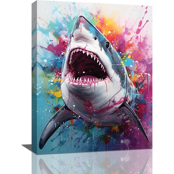 VELVET Shark Wall Art Ocean Shark Pictures Wall Decor Natical Coastal Canvas Print Painting Home Decoration Artwork For Living Room Office Bedroom Bathroom 16x20inch Framed